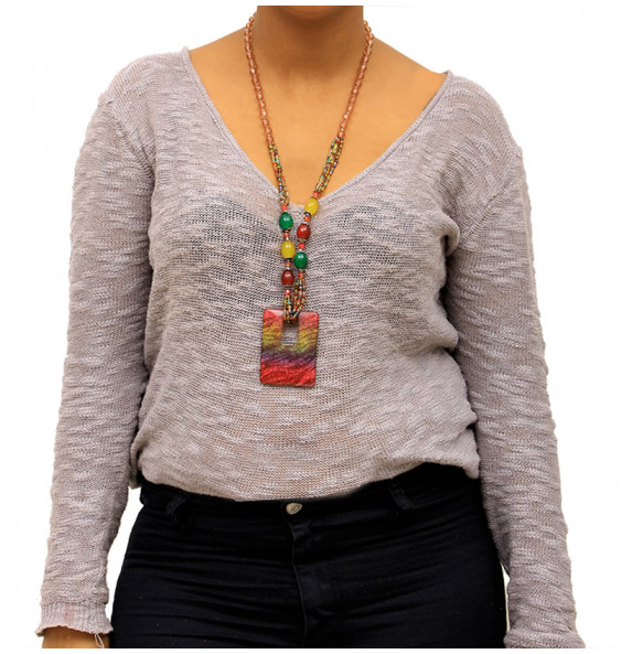 Handmade Colorful Fashion Multi Beaded Glass Necklace with Rectangle Pendant
