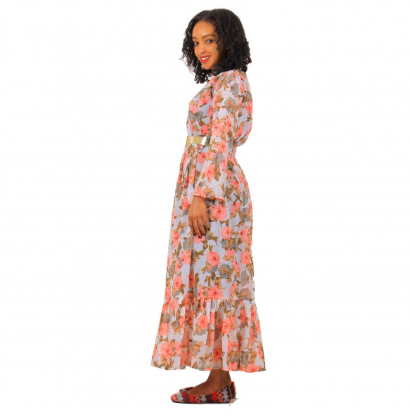 Aklilu_ Women's  Flora print Long sleeve  Dress
