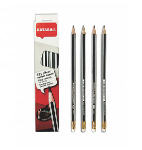 Nataraj 12-Piece Hex HB Silver Pencil Set with Rubber Tip and Sharpener, Silver