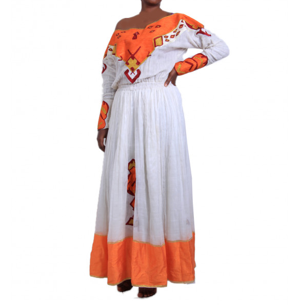 MULU _ Hand Made Orange Color Women's  Beautiful traditional Dress with "Netela" 