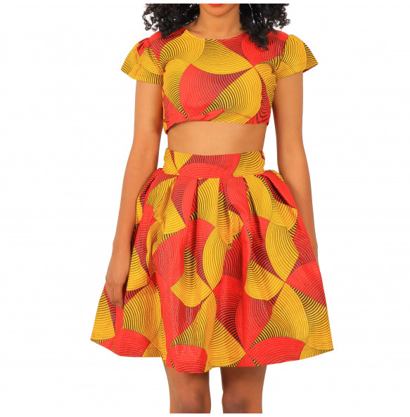 Nardos_ African pattern print 2 Piece Set for Women Crop Top& Skirt